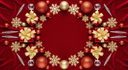 Luxurious Festive Christmas Wreath or Frame Made of Red and Gold Baubles, Snowflake Decorations, Gift Boxes, and Icicles on Red Velvet Fabric, with Copy Space