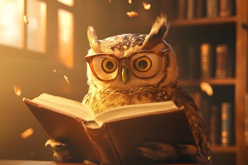 owl wearing glasses and reading a book in a cozy library, warm lighting and human-like posture 
