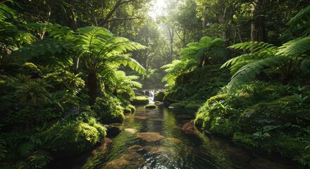 Sunlit Tree Ferns and Mossy Banks Along a Tranquil Rainforest Stream