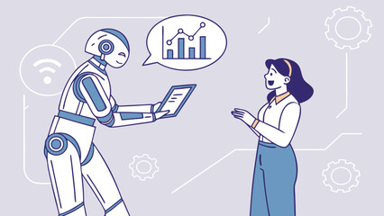 Fototapeta premium Friendly Robot and Businesswoman Discussing Data Analytics, Modern Line Art Style, Positive Mood