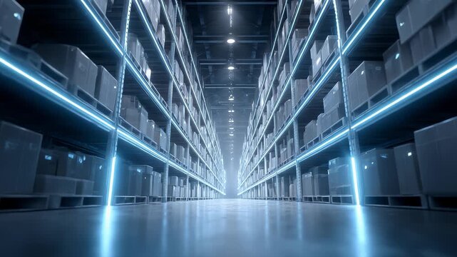 Clean Warehouse Blue Lights Illuminate Goods