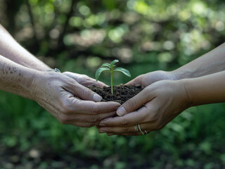 Symbol of Future Investment Two Pairs of Hands Holding Young Plant in Fertile Soil