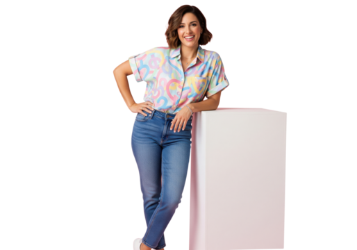 Happy smiling casual young woman standing leaning on a white cube, isolated on a transparent background