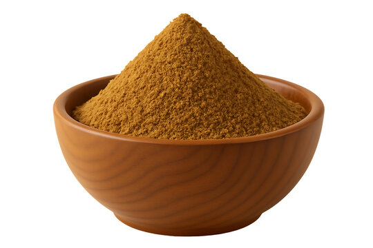 Ground cumin powder in wooden bowl brown aromatic spice finely milled for flavorful cuisine and traditional food seasoning isolated on transparent background
