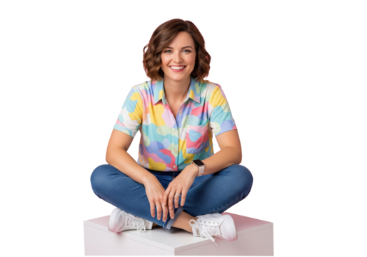 Happy beautiful young woman sitting on a white cube, isolated on a transparent background