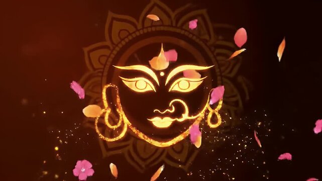Durga Puja stock banner with deep red to golden gradient background, glowing abstract face of Goddess Durga forming with golden particles