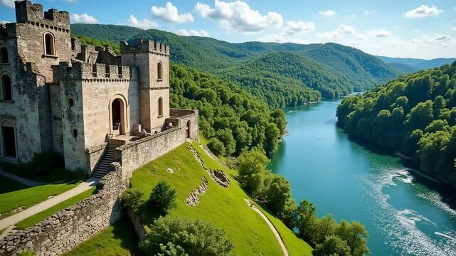 Discover stunning medieval castle overlooking serene river valley, perfect for travel documentaries