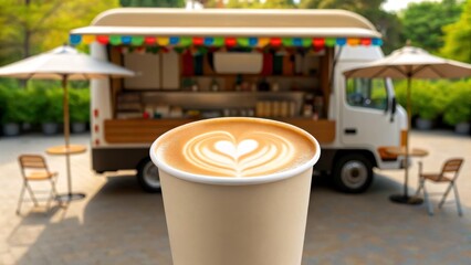 Coffee and food truck outdoor concept. A coffee cup with latte art in front of a colorful food truck and outdoor seating.