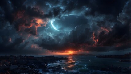 A glowing crescent moon surrounded by dark storms. Cinematic theme, HDR, Vibrant