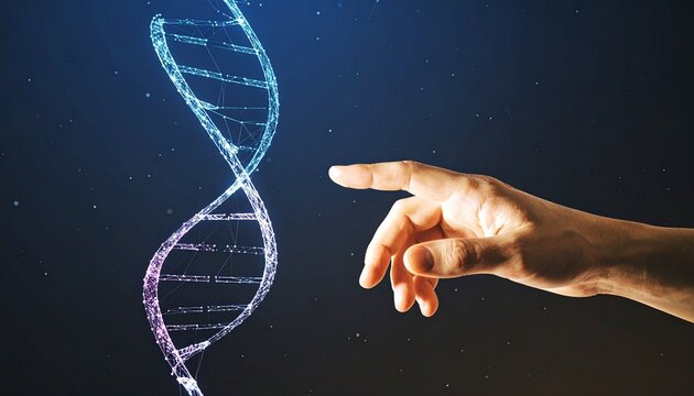 Glowing blue digital DNA helix with hand pointing on dark background