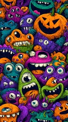 Fototapeta premium colorful Halloween cartoon characters with expressive faces, playful jack-o'-lanterns in orange, purple, green and blue, whimsical spooky creatures, chaotic cute pattern, highly detailed comic style