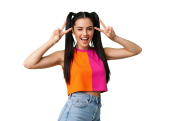 Happy young woman making peace sign with both hands, isolated on a transparent background