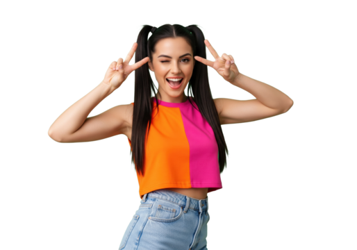 Happy young woman making peace sign with both hands, isolated on a transparent background