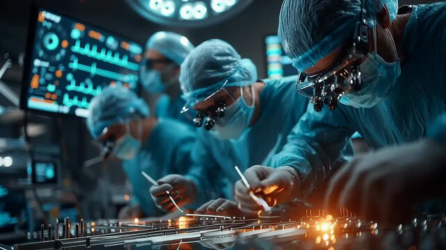 Male surgeon with loupes performing microsurgery while colleagues assist in operation room footage.