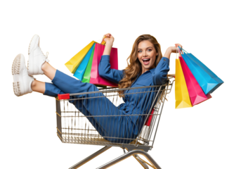 Excited happy woman in a shopping cart with bags, isolated on a transparent background
