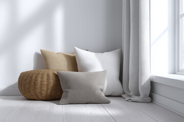 Neutral color cushions and woven pouf arranged on white wooden floor near window with soft natural light and curtain in cozy minimalist interior