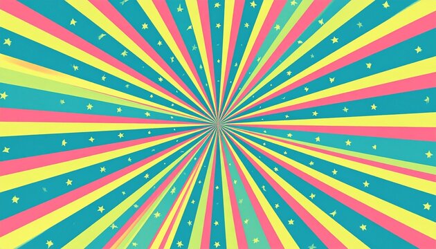 Radial burst of teal, yellow, pink, and green stripes with scattered stars - Powered by Adobe