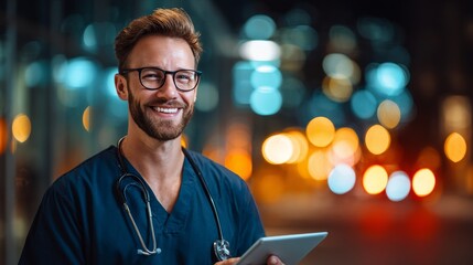 confident male doctor standing in hospital corridor, wearing stethoscope and glasses, holding digital tablet, smiling warmly, modern medical uniform, background with colorful bokeh lights