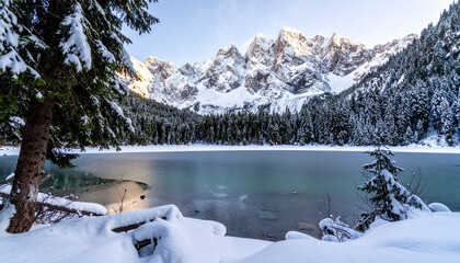 Frozen alpine lake in winter surrounded by pine trees covered with snow and snowy mountain peaks under clear blue sky, creating peaceful and cold atmosphere