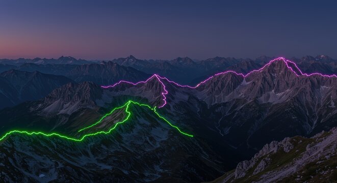 Digital Ridgelines: Neon Green and Pink Trails Over Alpine Peaks at Dusk