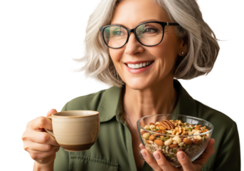 Happy smiling senior woman with a healthy breakfast, isolated on a transparent background