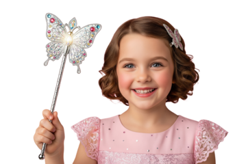 Happy little girl laughing with a magic wand, isolated on a transparent background