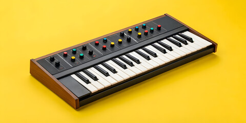 Retro synthesizer displayed on a vibrant yellow background capturing vintage music gear aesthetics with bold visuals