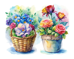 watercolor flower basket vector illustration isolated on white background