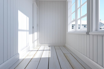 Fototapeta premium Bright empty room with white wooden floor and walls, large windows letting in natural light, creating calm and airy atmosphere in minimalist interior space