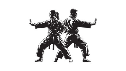 Obraz premium Karate Silhouette Mastery Man Woman in Striking Black White Motion Martial Arts Action Strength