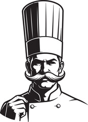 Vector art of confident chef with a large mustache and tall hat isolated on white background, a culinary professional ready to create gourmet cuisine isolated on white background