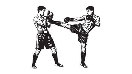 Fototapeta premium Muay Thai Fighters Sparring Kickboxing Silhouette Martial Arts Training Fitness Self Defense Sport