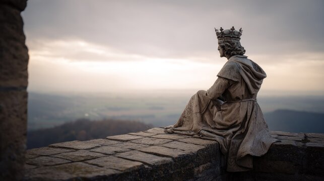 Seated monarch statue overlooking landscape
