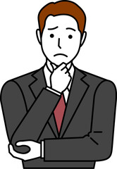 メガネ無し、グレースーツ、あごに手を当てて悩み顔の男性