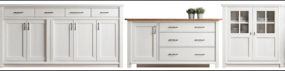 Three white wooden cabinets with drawers and doors