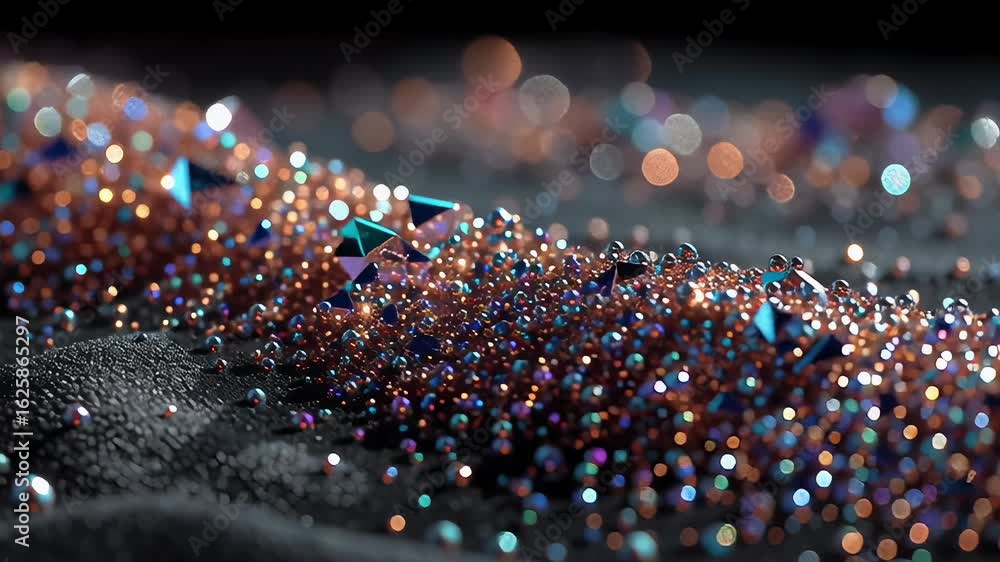 Poster glittering iridescent particles with faceted crystal gems creating sparkling abstract background. ne