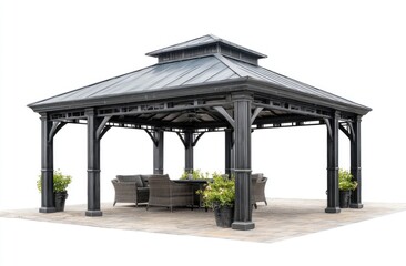 Dark gray gazebo with patio furniture