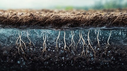Roots in Soil with Water Beneath, Nature Close-Up Concept