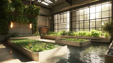 Urban greenhouse with water features and lush greenery interior space