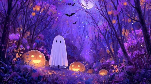 cute ghost standing beside glowing jack-o'-lantern pumpkins, in a magical purple forest at night, flying bats in the moonlight, whimsical halloween night