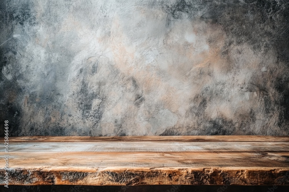 Poster a rustic wooden table sits against a textured gray wall, creating a harmonious blend of natural mate