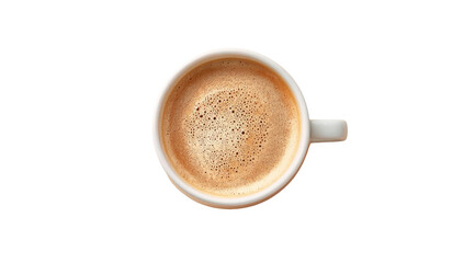 Overhead view of a white coffee cup filled with light brown coffee, frothy crema visible on top