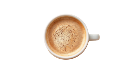 Overhead view of a white coffee cup filled with light brown coffee, frothy crema visible on top
