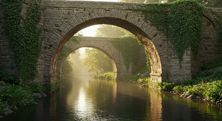 Fototapeta premium Ancient Arches: Ivy-Clad Stone Bridges in Golden Morning Light