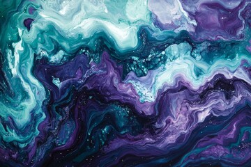 Abstract swirling mix of teal, purple, and white colors.