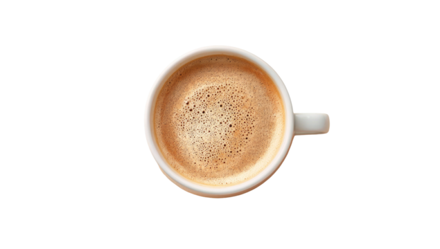 Overhead view of a white coffee cup filled with light brown coffee, frothy crema visible on top - Powered by Adobe