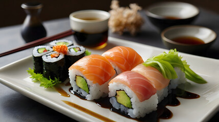 An elegant platter of assorted fresh Japanese sushi rolls, including salmon and tuna, served with soy sauce and tea.