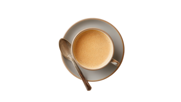 A light beige coffee cup and saucer, filled with a light tan colored coffee, sits atop a dark background. A silver spoon rests within the cup