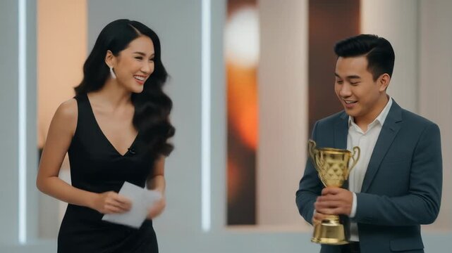 Presenting an Award to a Smile-Free Winner at a Glamorous Celebration Event
