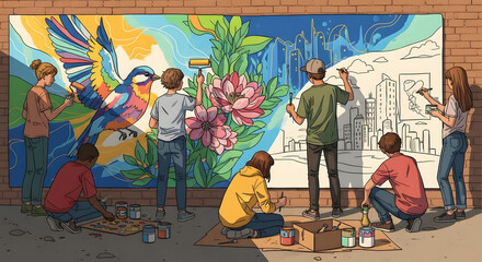 A diverse group of young artists collaboratively paints a large, colorful mural on an outdoor brick wall.